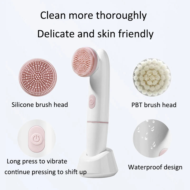 Electric Silicone Face Cleansing Brush Waterproof 2 in 1 Double Head, Sonic Vibration Facial Pore Cleaner Skincare Beauty Tool