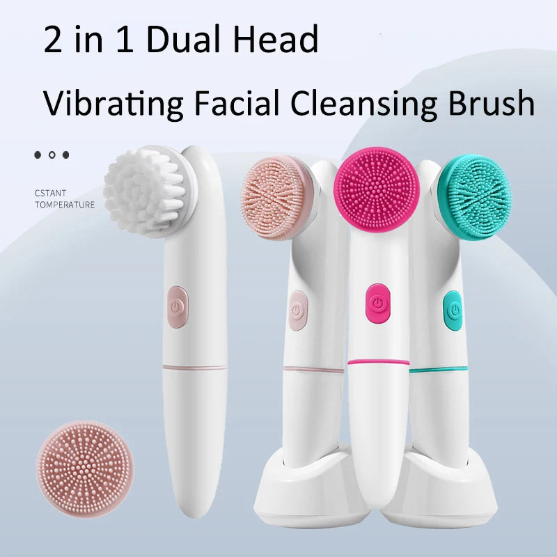 Electric Silicone Face Cleansing Brush Waterproof 2 in 1 Double Head, Sonic Vibration Facial Pore Cleaner Skincare Beauty Tool